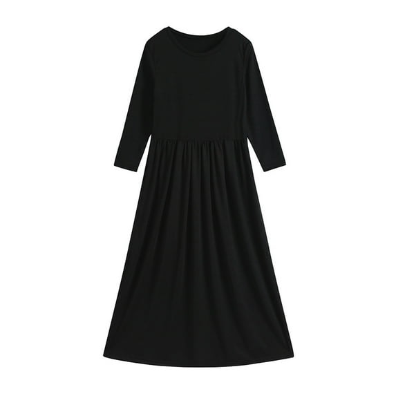 MHZLDYZ Summer Dress for Girls 10-12 Toddler Girl Long Sleeve Scoop Neck Soild Loose Casual Daily Wear Long Maxi Princess Dress Teen Dress Girls Flower Girl Dress(Black,140)