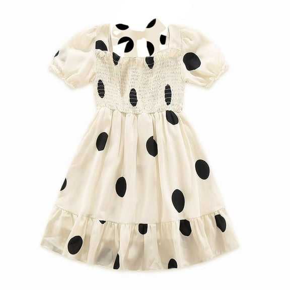 MHZLDYZ Summer Dress for Girls Girls' Clothes Big Children's Dress Short Sleeved Square Neck Dress Polka Dot Dress Summer Dress Kids Dresses 5T Dresses for Girls(White,160)