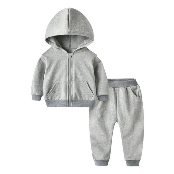 MHZLDYZ Toddler 2 Piece Outfits Kid Boys Girls Casual Hooded Zippered Jacket Coat + Harlan Pants Sportswear Solid Color Casual Sweatsuits Set (Gray,90)