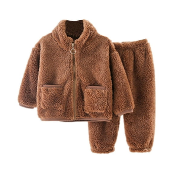 MHZLDYZ Toddler Baby Girls Boys Fleece Pajamas Set Long Sleeve Solid Color Fleece Plus Velvet Thickened Home Clothes Fall Winter Suits (Coffee,140)