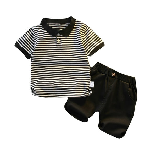 MHZLDYZ Toddler Boy Outfits Toddler Boys Short Sleeve Stripe Prints T Shirt Tops Shorts Child Kids Gentleman Outfits 2T Summer Clothes for Boys Toddler Shirts(Black,110)