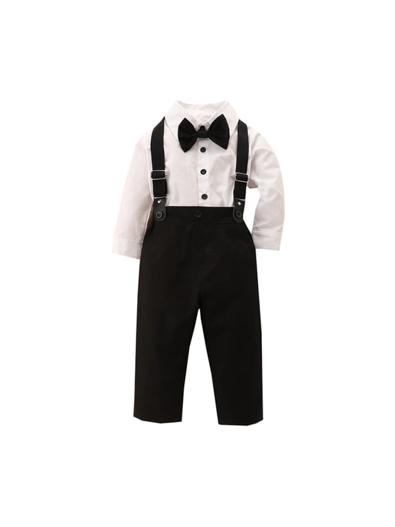 Toddler Boy Sets Toddler Boys Long Sleeve White Shirt Tops Pants With Black Tie Child Kids Gentleman Outfits Baby Boy Clothes 3T Boys Summer Clothes(B,120)