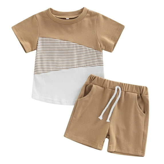 MHZLDYZ Toddler Boy Sets Toddler Boys Round Neck Short Sleeve Striped Print Top And Solid Color Shorts With Pocket for Boys Summer Outfits Boys' Short Sets Dinosaur Outfit for Boys(Khaki,80)