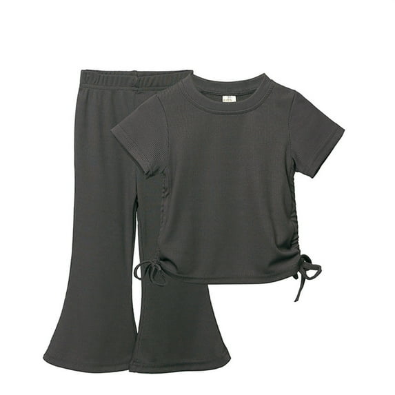 MHZLDYZ Toddler Gir 2Pcs Outfits Girls Solid Color Casual Drawstring Short Sleeve T Shirt + Flared Sport Pants Two Set Girls Clothing Sets (Dark Gray,140)