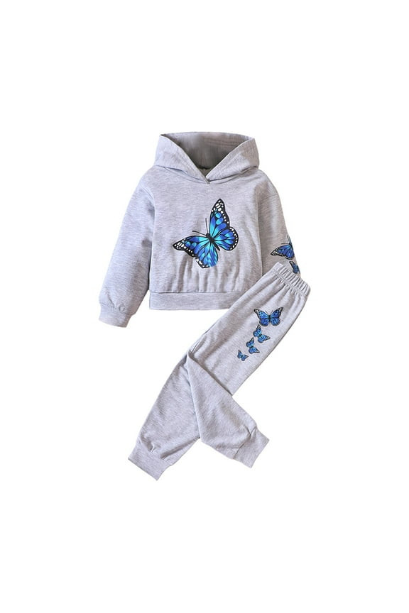 Toddler Girl Hoodie Sweatshirt Set Children Kids Butterfly Print Long Sleeve Pullover Hoodie Pants Set Baby Girl Sportswear Tracksuit Outfits (Gray,140)