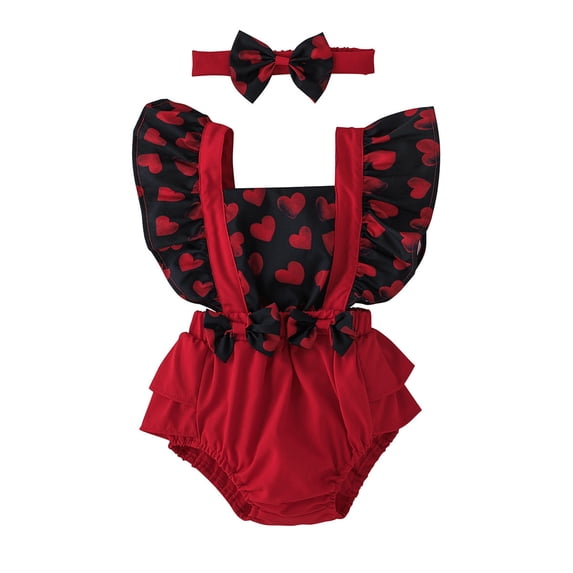 MHZLDYZ White Baby Onesies Infant Girls Valentine's Day Fly Sleeve Hearts Prints Romper Ruffles Bowknot Backless Bodysuits Headbands Set 12 Month Boy Clothes Onesies 0-3 Months Girl (C,68)