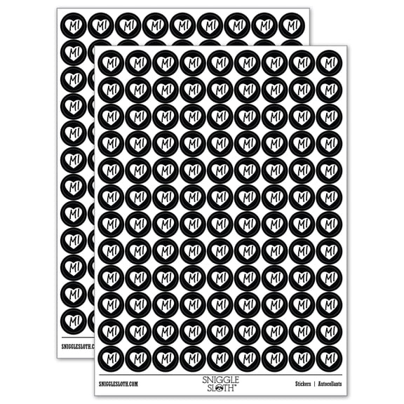 MI Michigan State in Heart 200+ Round Stickers - Black - Matte Finish - 0.50" Size