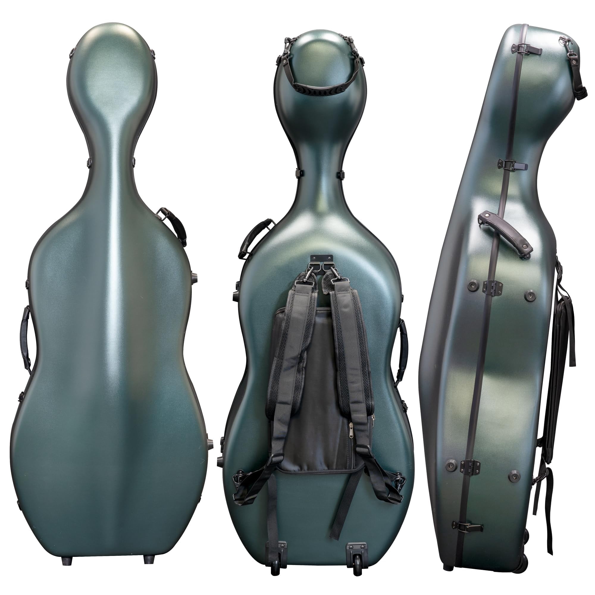 MI&VI CP-7001 Classic Polycarbonate Fiber Cello Case (Full Size) 4/4 with Wheels | Zipper Closure Bow Pockets | 8.5lb Lightweight | Tough Shell - by MI&VI Music (Green)