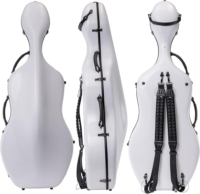 MI&VI CP-7006 Pure Poly Carbon Fiber Cello Case 4/4 Hard Shell 11lb (Full Size) with Wheels | Carry Straps | Rigid Protection | Tough Shell (White)