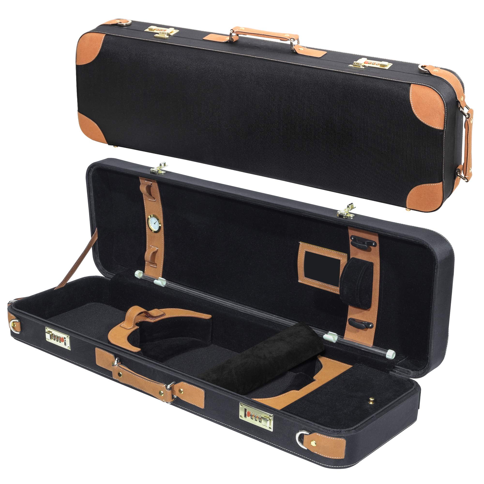 MI&VI Deluxe Hardwood Violin Travel Case 4/4 (Full Size) With Leather Handles | Adjustable Shoulder Straps | Thermal Insulation | Oblong Shape | Photo Pocket | Hygrometer- By MIVI Music (Brown/Black)