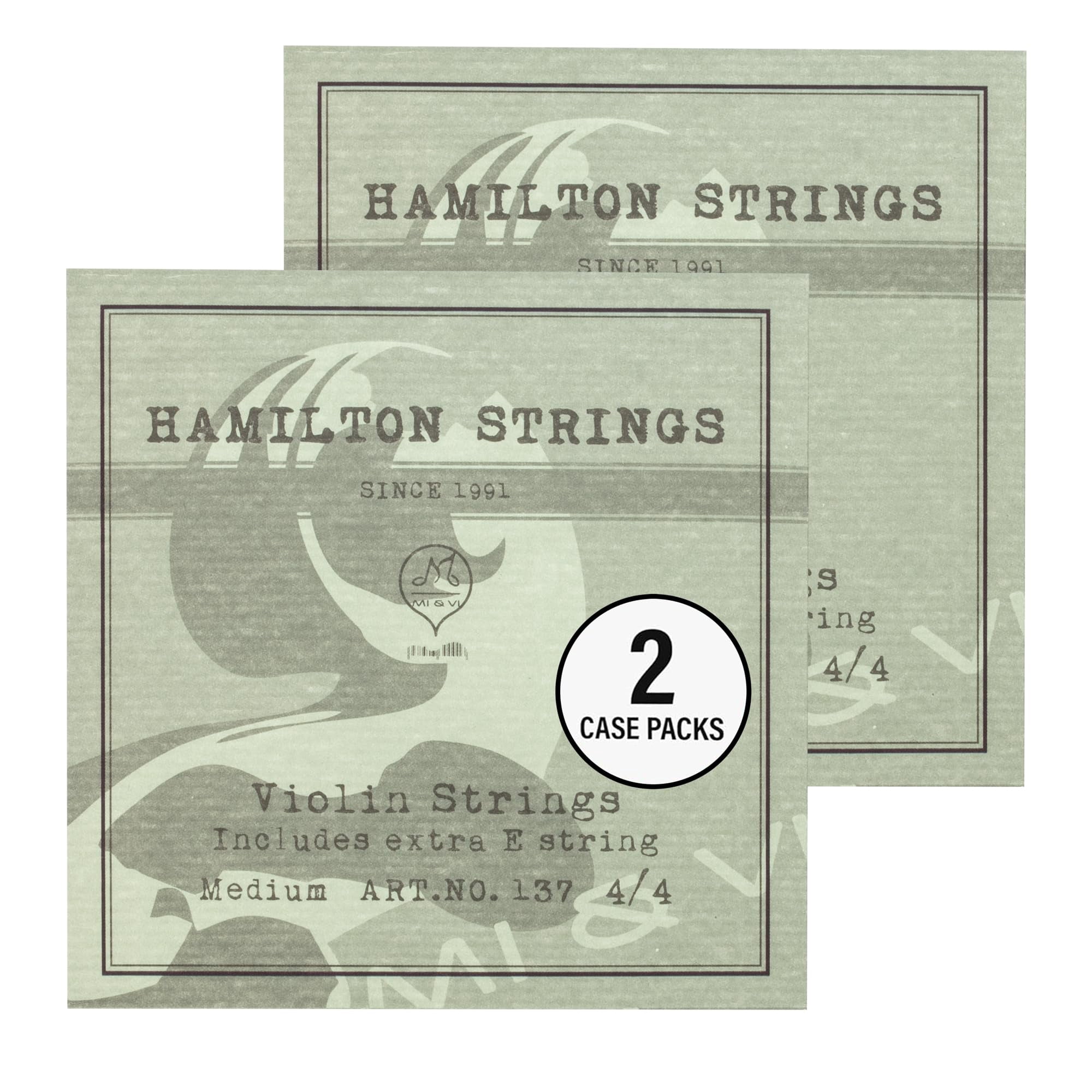 MI&VI Hamilton Violin Strings (2 Case Packs) — 1/2 & 2/4 Scale Full Set (G-D-A-E) with Extra E-String | Germany Steel | Ball-End | Medium Gauge Tension - By MIVI Music