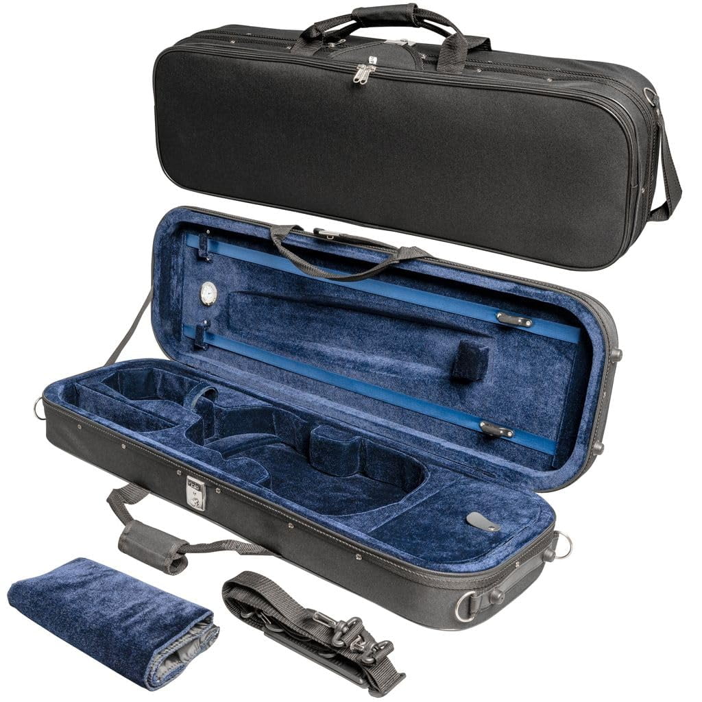 MI&VI NF-3001 Light Hard Violin Case (1/2 Size) with Adjustable Straps | Velvet Plush Cushion | High-Density Foam | Hygrometer | Sheet Pocket (Black)