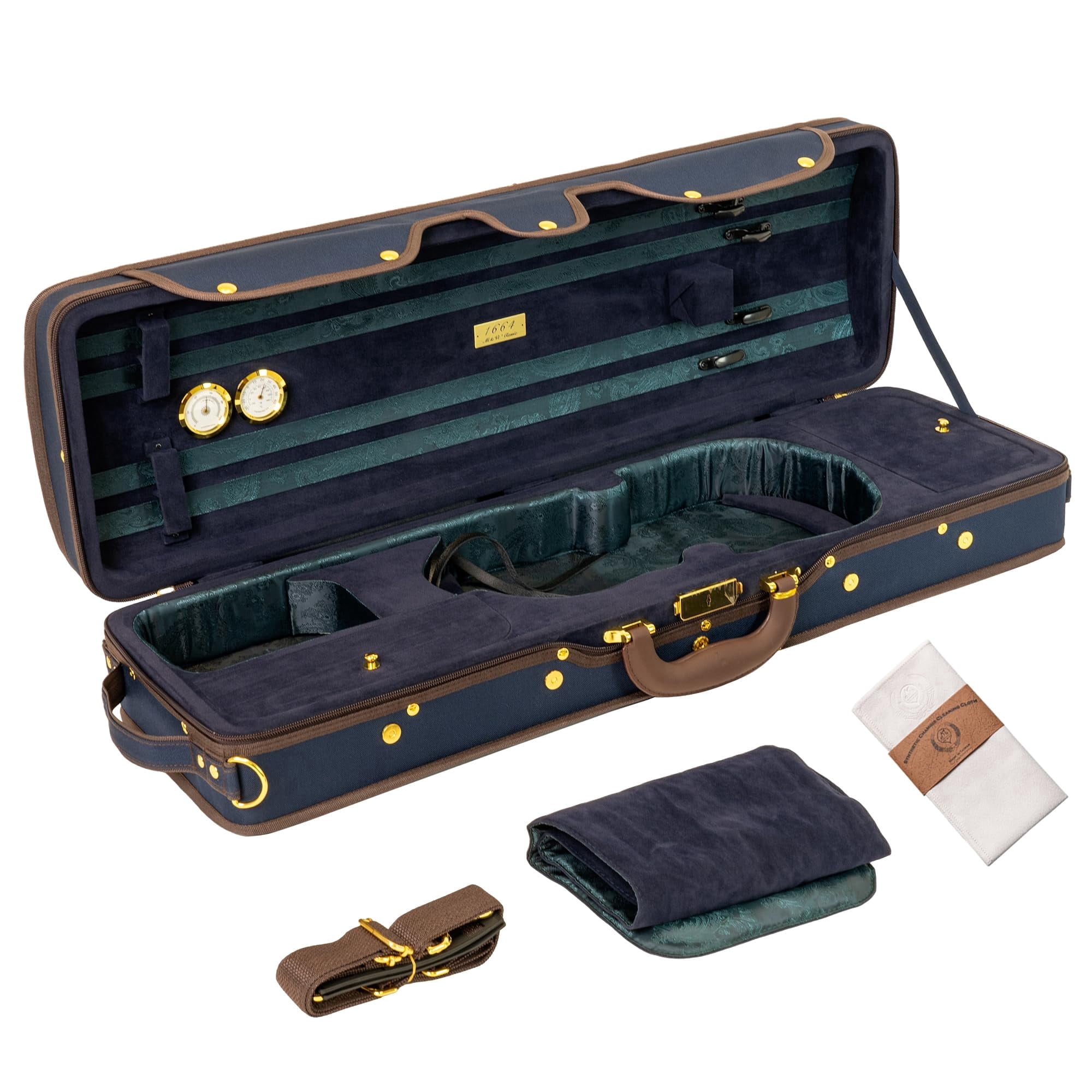 MI&VI NF-9001CC Maestro Hard-Shell Violin Case 4/4 (Full Size) Polishing Cloth Included | Luxury Silk Interior | High-Density | Adjustable Straps | Hygrometer | Thermometer (Blue / Blue)