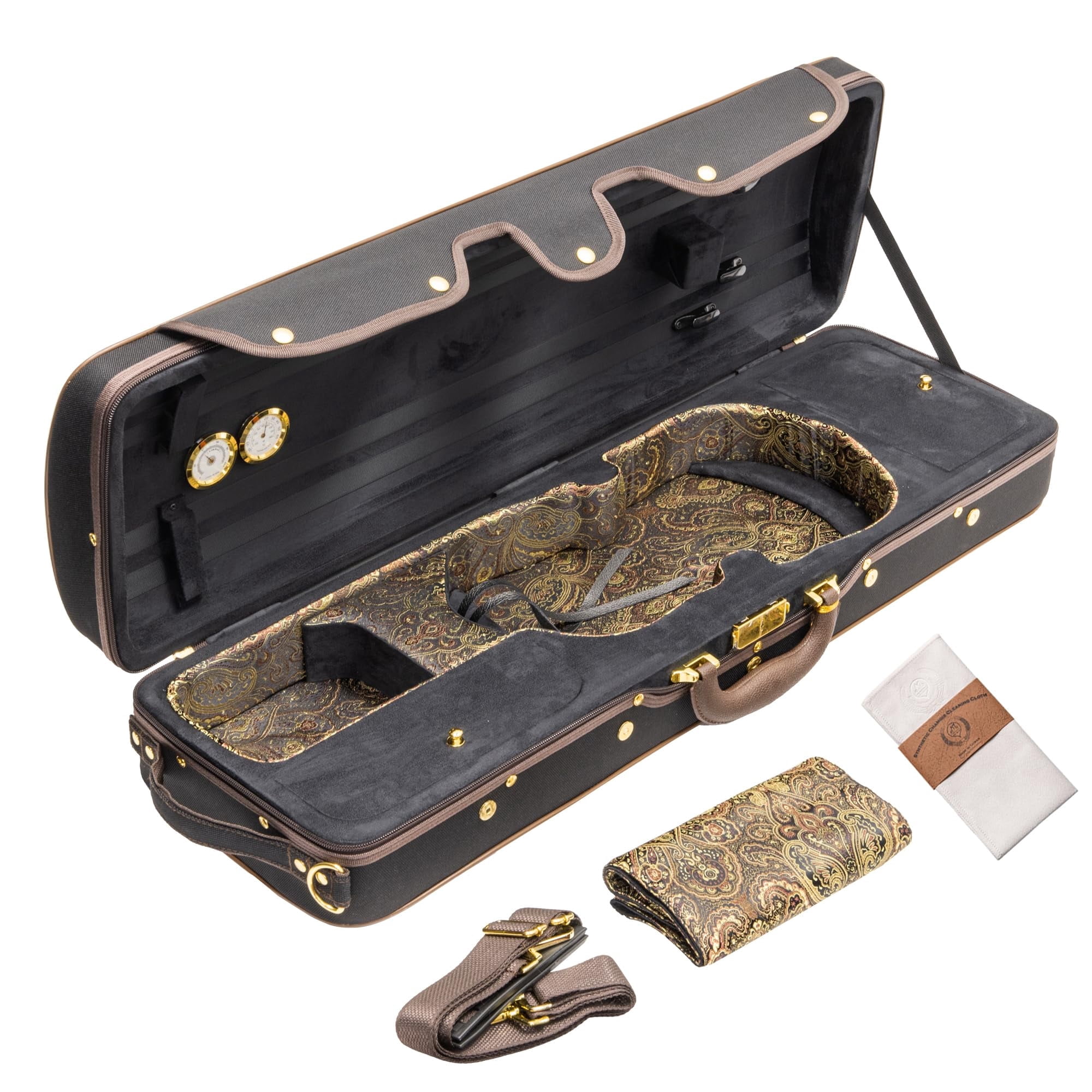 MI&VI NF-9001CC Maestro Hard-Shell Violin Case 4/4 (Full Size) Polishing Cloth Included | Luxury Silk Interior | High-Density | Adjustable Straps | Hygrometer | Thermometer (Black)