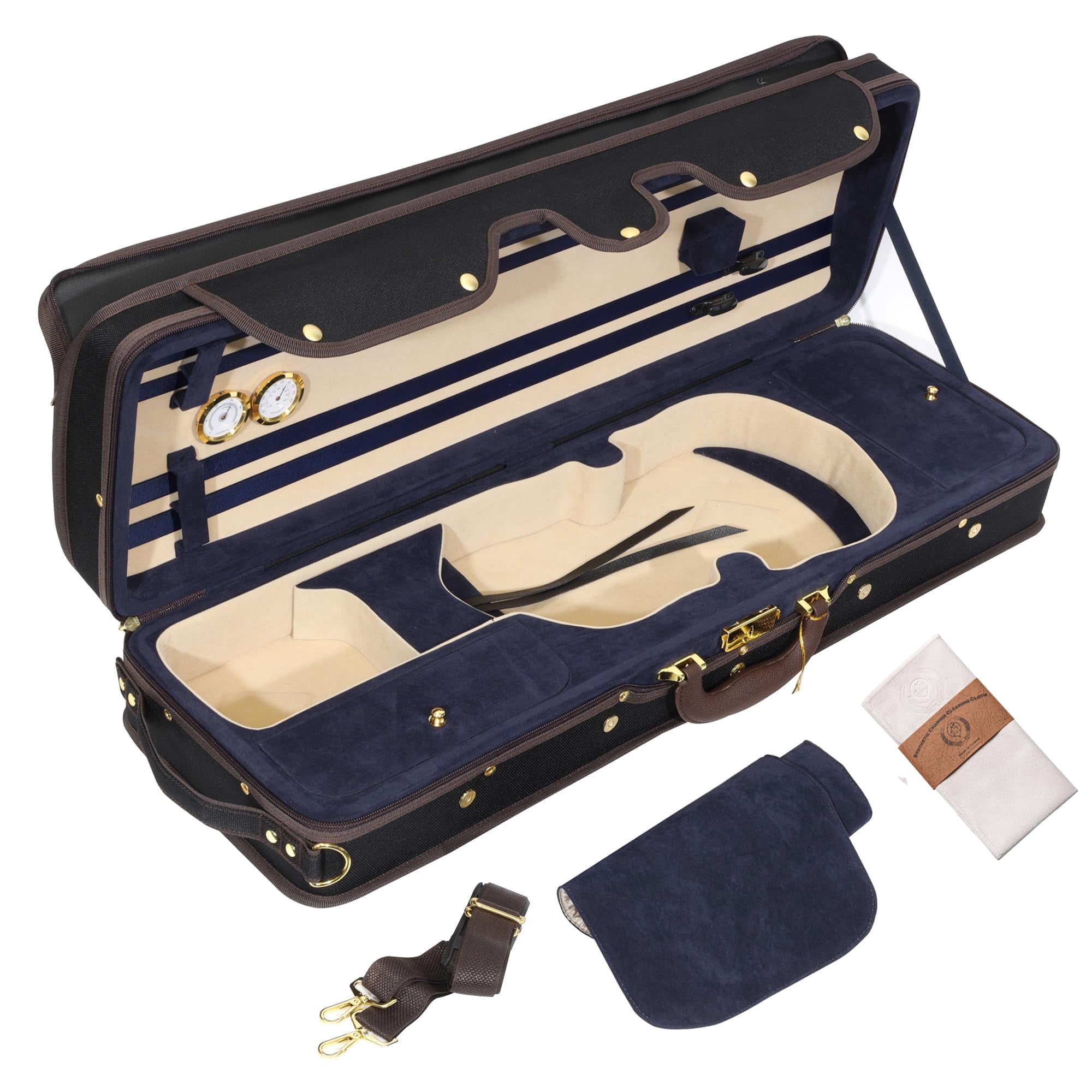 MI&VI NF-9001CC Maestro Hard-Shell Violin Case 4/4 (Full Size) Polishing Cloth Included | Luxury Silk Interior | High-Density | Adjustable Straps | Hygrometer | Thermometer (Blue)
