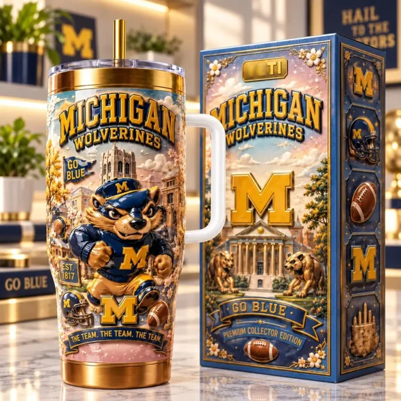 MI Wolverines 40oz Tumbler with Handle & Straw, Go Blue Football Insulated Travel Cup, Wolverines College Game Day Drinkware, Michigan Fan Gift
