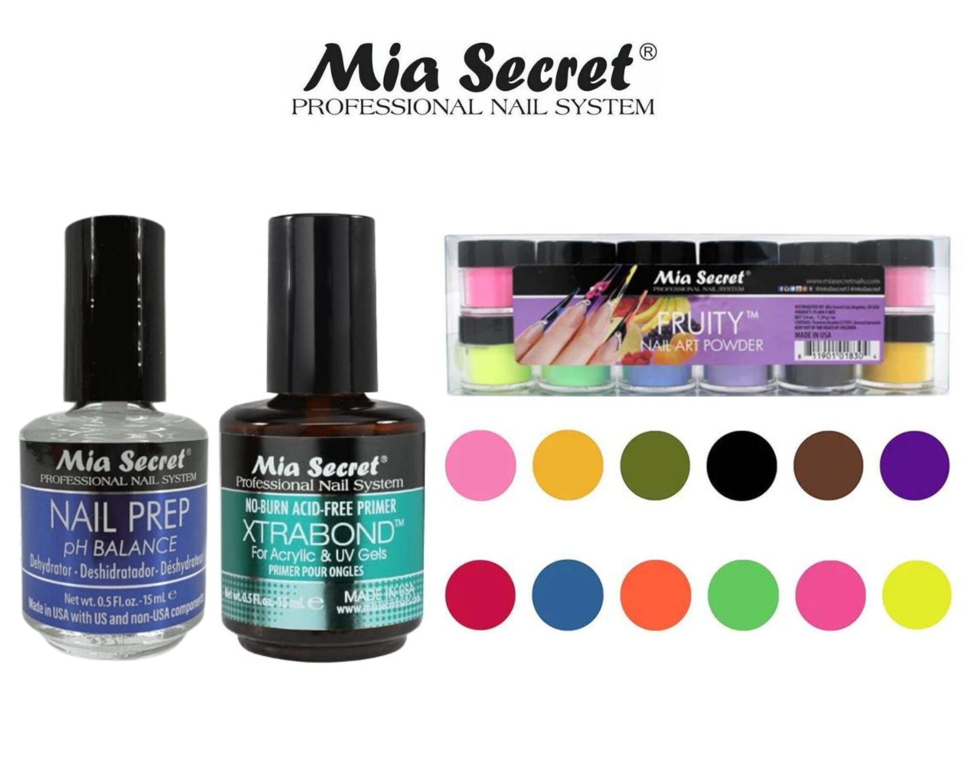MIA SECRET - 12 COLORS SET - FRUITY with Nail Prep & Xtrabond Primer ( 0.5 oz ) - COMBO PACK
