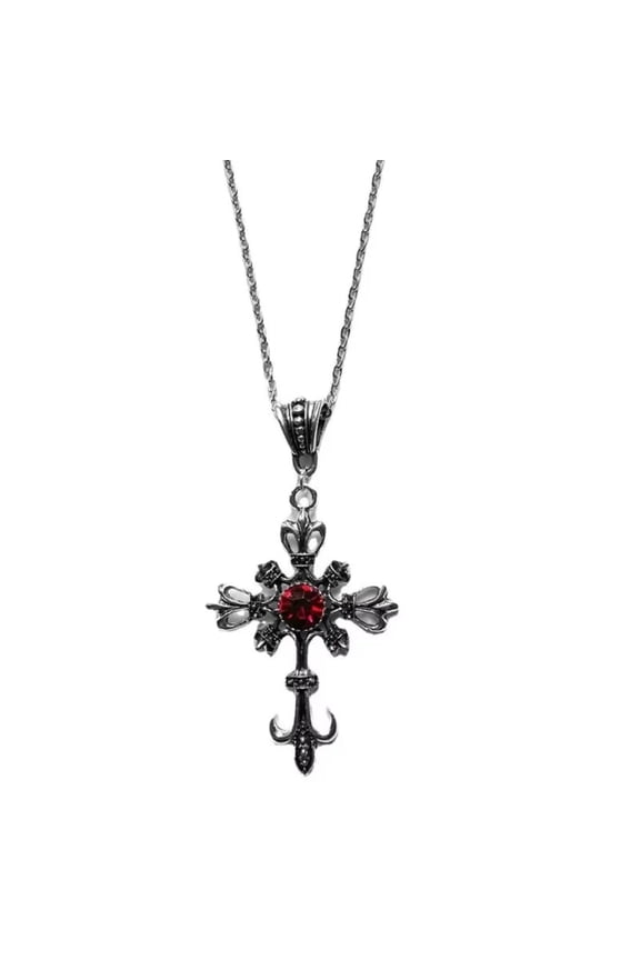 Gothic Cross Pendant Necklace in Gift Box, 1 CT Red Cubic Zirconia, Stainless Steel