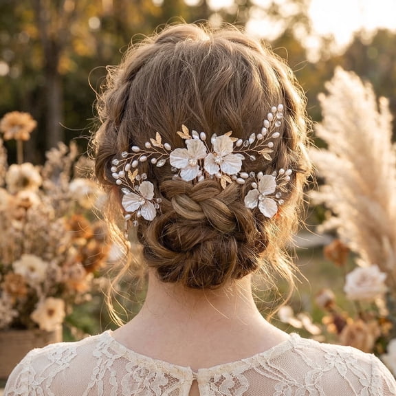MIALLO Boho 3Pcs Delicate Shell-Shape Floral Headpiece Set, Gold Bridal Hair Comb & Pins Set for Wedding Prom, Party and Daily Elegant Wear