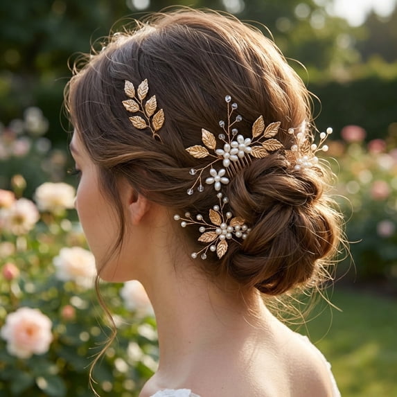 MIALLO Elegant Handmade Pearl Flower Headpiece (4 Pack), Golden Leaf Hair Comb & U-Shaped Pins for Brides, Bridesmaids and Wedding Guest