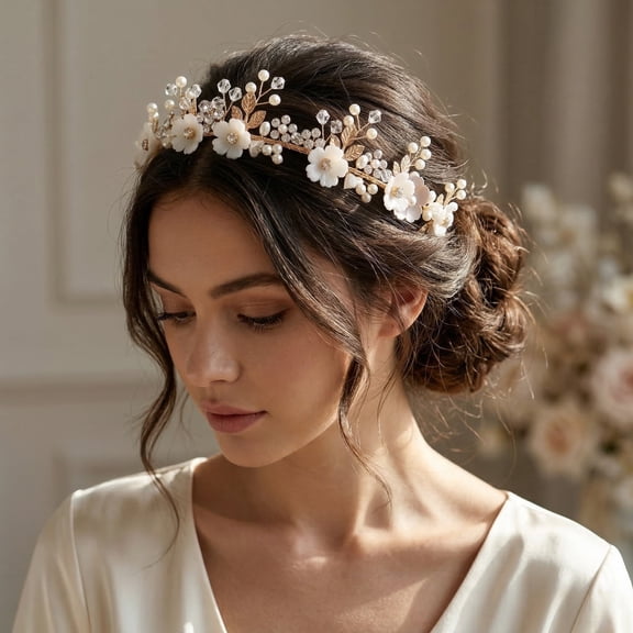 MIALLO Elegant White Polymer Clay Flower Headband With Gold Metal Leaf, Boho Bridal Hair Hoop for Wedding and Daily Look