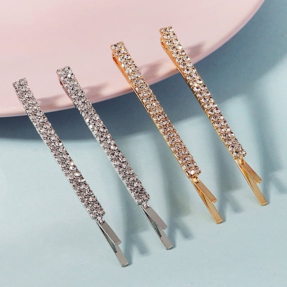 MIALLO Fashion Silvery & Golden Bobby Pins 4 Pack, Sparkly Full Rhinestone Hair Clips, Delicate Everyday Hair Accessories for Women and Girls