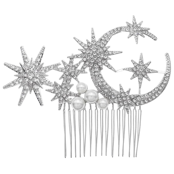 MIALLO Silver Moon Star Crystal Hair Comb, Celestial Bridal Hairpiece with Faux Pearls for Wedding & Party