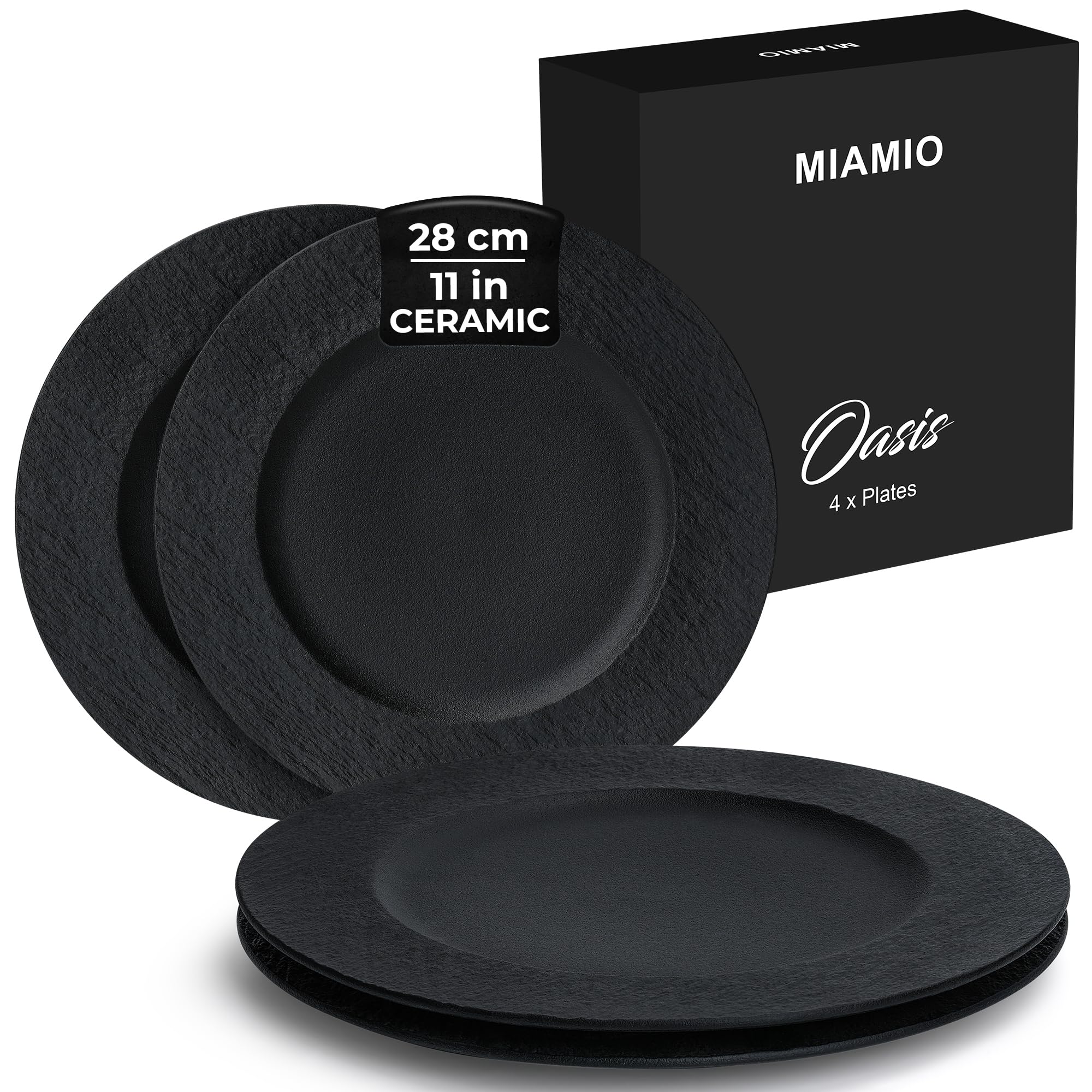 MIAMIO - 11 inch Ceramic Stoneware Dinner Plates, Tableware Set of 4 - Oasis Collection (Black)