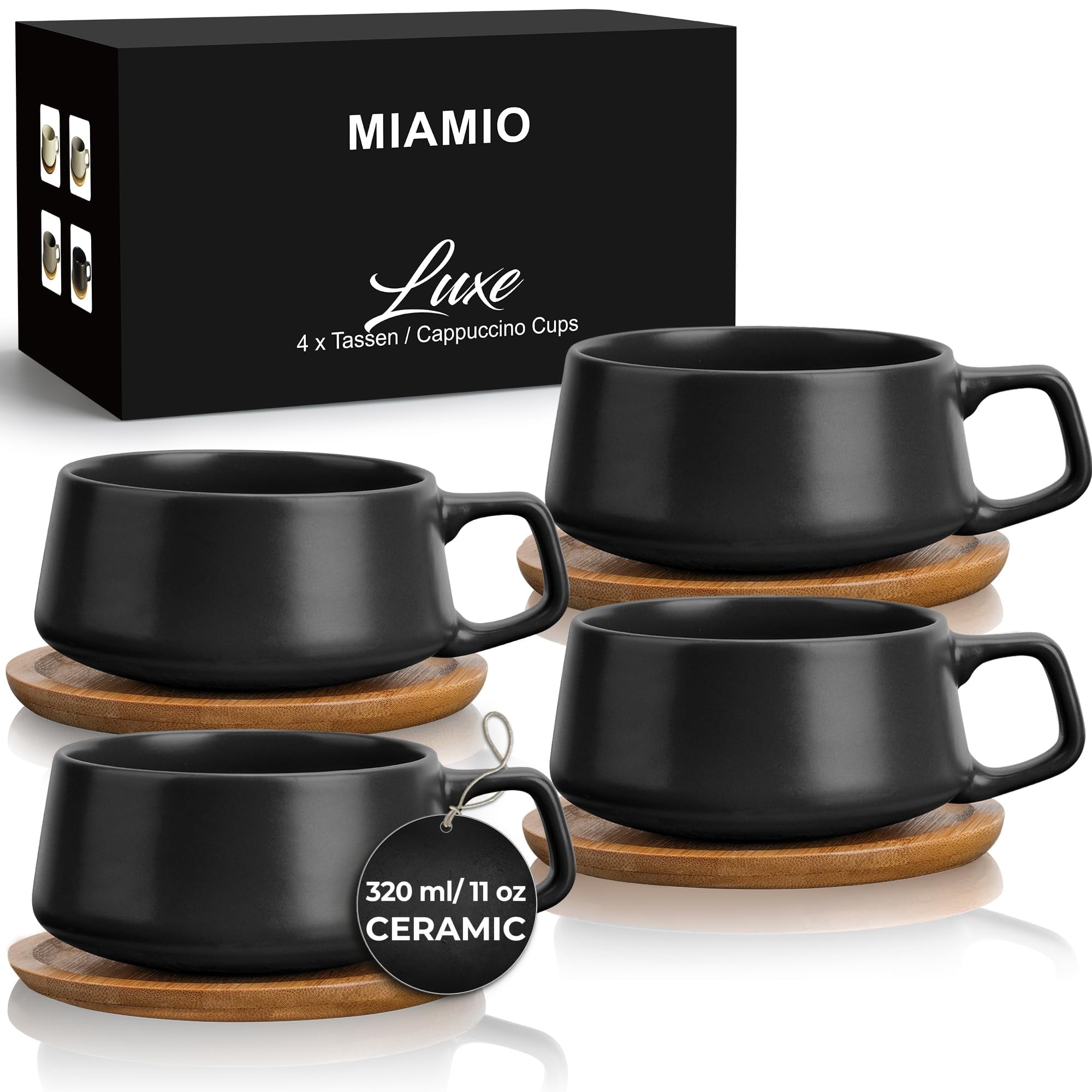 MIAMIO - 11 oz Ceramic Tea/Coffee Cups and 6 inch Bamboo MIAMIO - 11 oz Ceramic Tea/Coffee Cups and 6 inch Bamboo