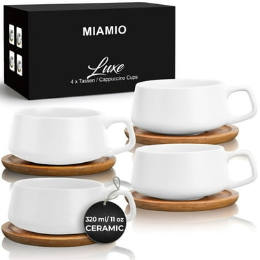 MIAMIO - 11 oz Ceramic Tea/Coffee Cups and 6 inch Bamboo Saucers Set of 4 - Luxe Collection (White)