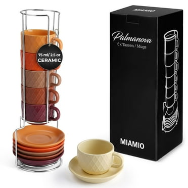 MIAMIO - 2.5 oz Ceramic Espresso Cups with Saucers and Stand Set of 6 - Palmanova Collection (Red)