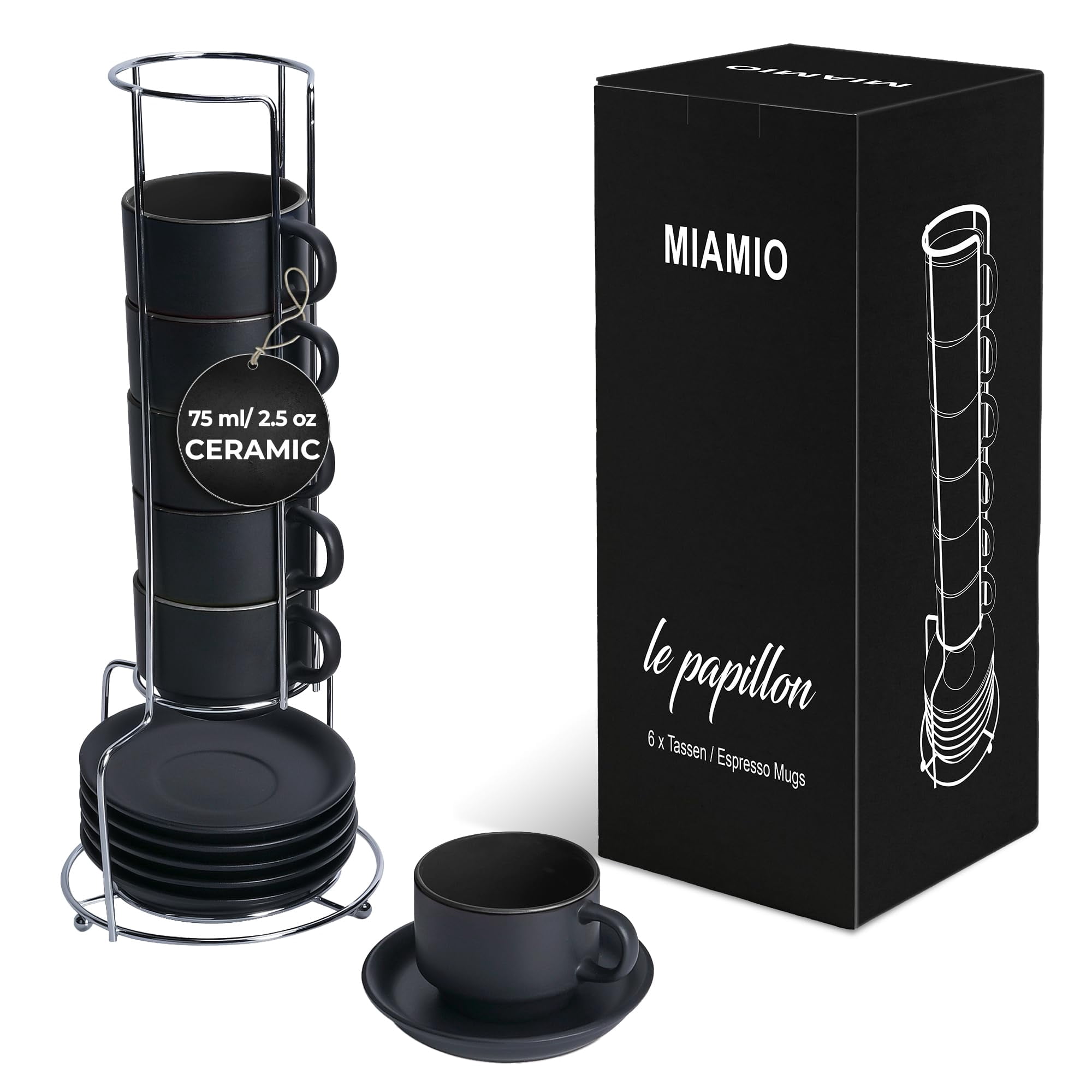 6 Piece Coffee Set MIAMIO Espresso Cup Set - 6 Piece 2.5 Oz Ceramic Coffee  Mugs With Saucers, Stackable Design Stackable Espresso Cups