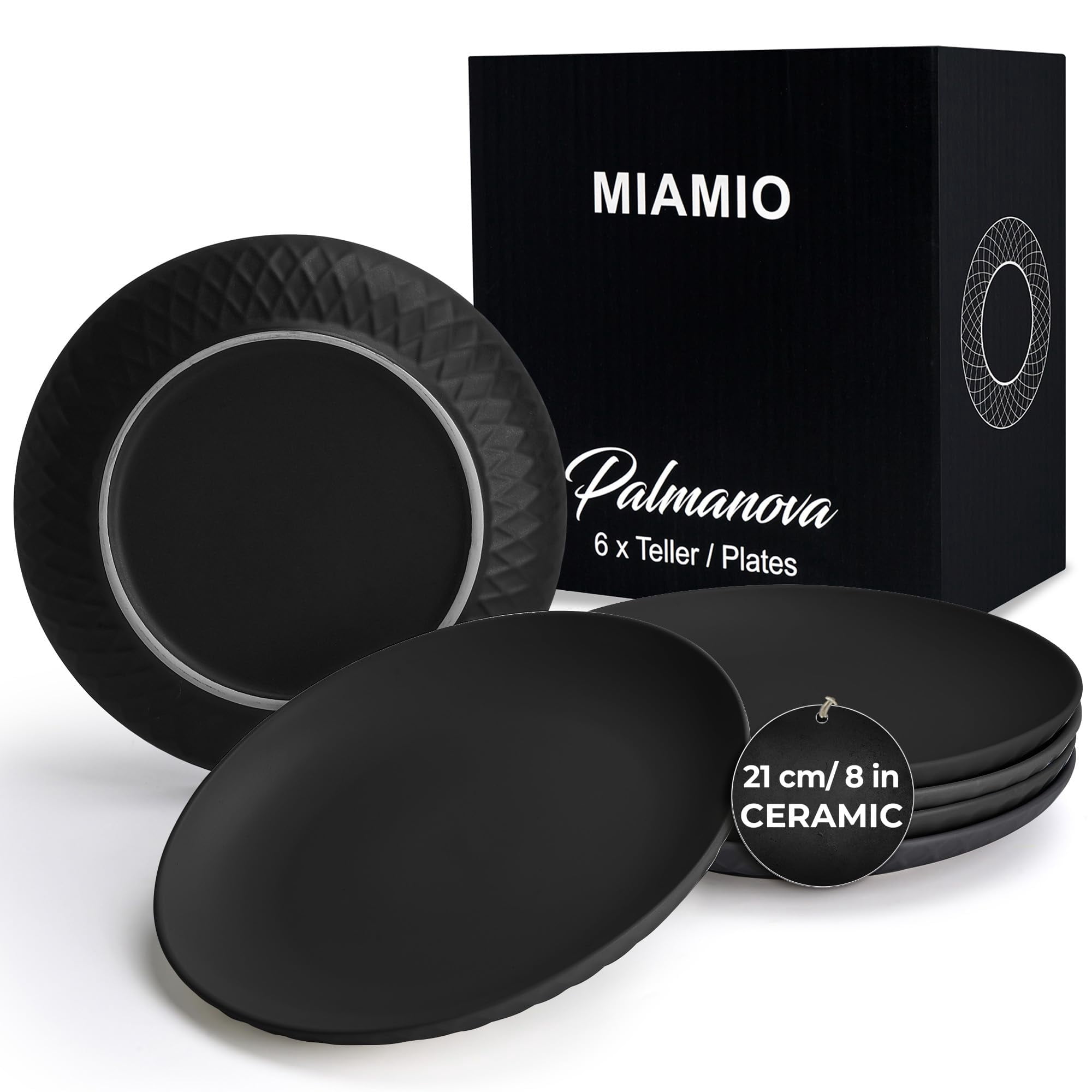 MIAMIO - 8 inch Ceramic Stoneware Dinner Plates, Tableware Set of 6 - Palmanova Collection (Black)
