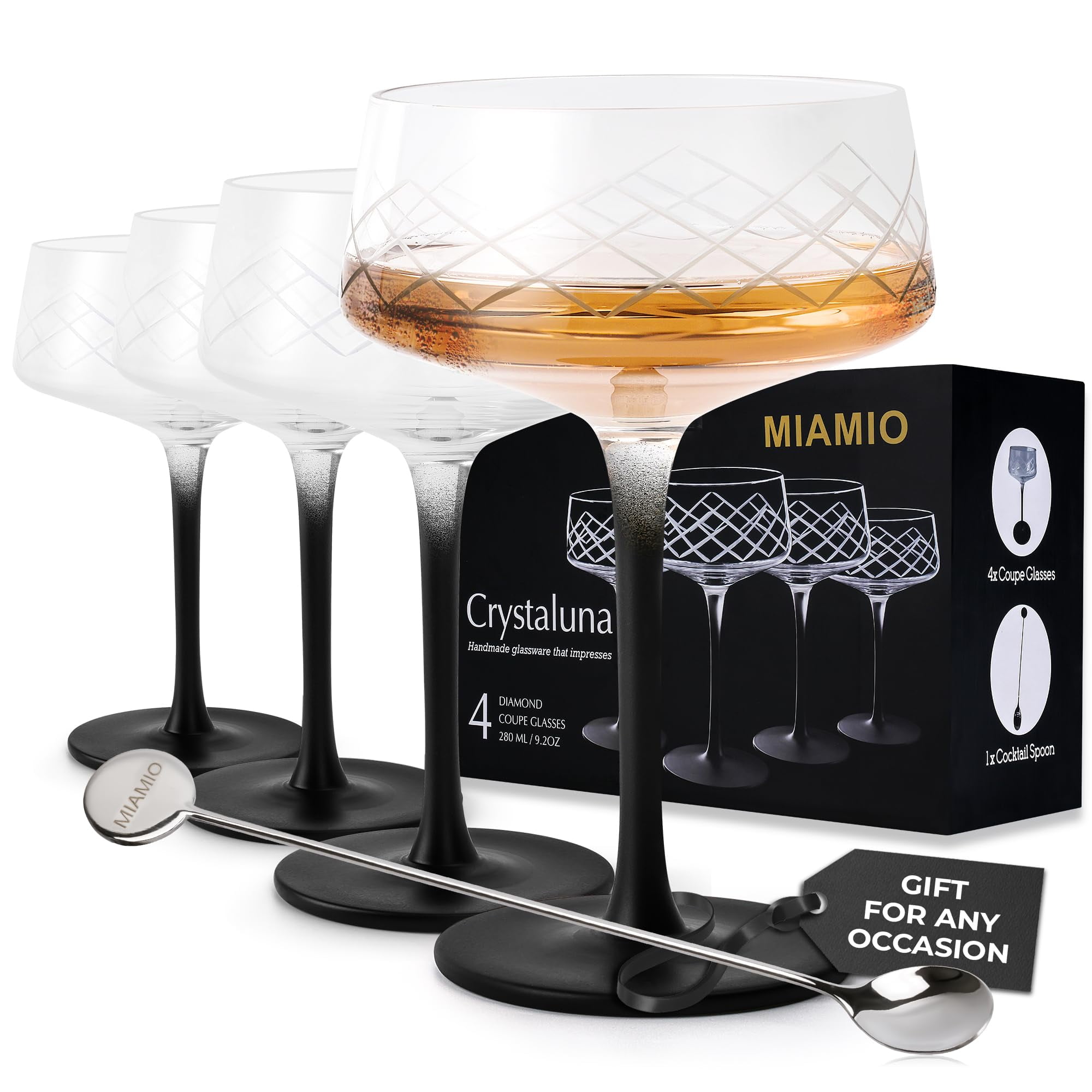 Set Of 4 Crystal Coupe Glasses - 7oz Lead-Free Stemware For Champagne, Cocktails, Gifting