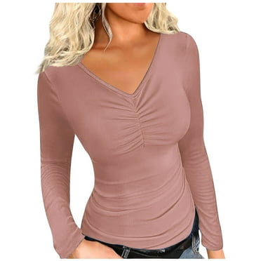 MIANHT Basic Long Sleeves for Women Solid V Neck Slim Fitted Elasticity Versatile Regular Long Sleeve Casual Tops Women Blouses