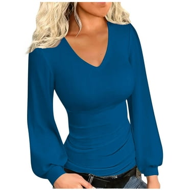 MIANHT Long Sleeve Tops Solid V Neck Slim Fitted Stretch Versatile Regular Long Sleeve Casual Tops Women Blouses