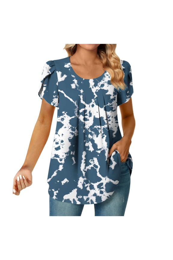 MIANHT Shirts for Women Trendy Loose Fit Pleated Front Hide Belly Tunic Tops Trendy Clothes Short Sleeve Crew Neck Cute Shirt