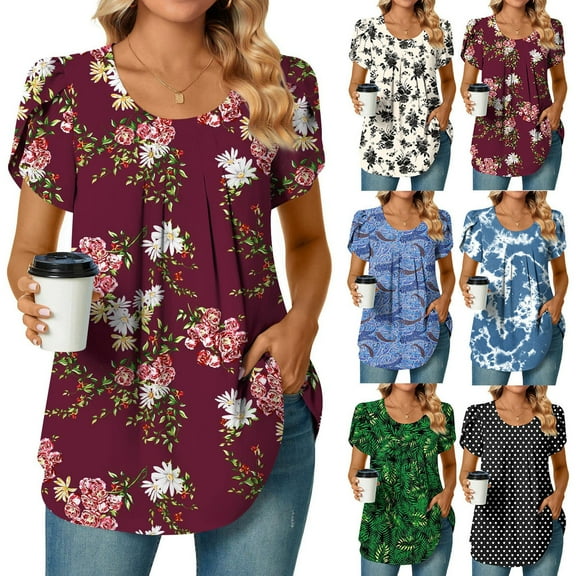 MIANHT Shirts for Women Trendy Loose Fit Pleated Front Hide Belly Tunic Tops Trendy Clothes Short Sleeve Crew Neck Cute Shirt