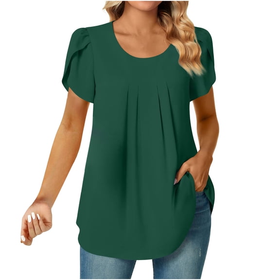 MIANHT Shirts for Women Trendy Loose Fit Pleated Front Hide Belly Tunic Tops Trendy Clothes Short Sleeve Crew Neck ​Cute Shirt