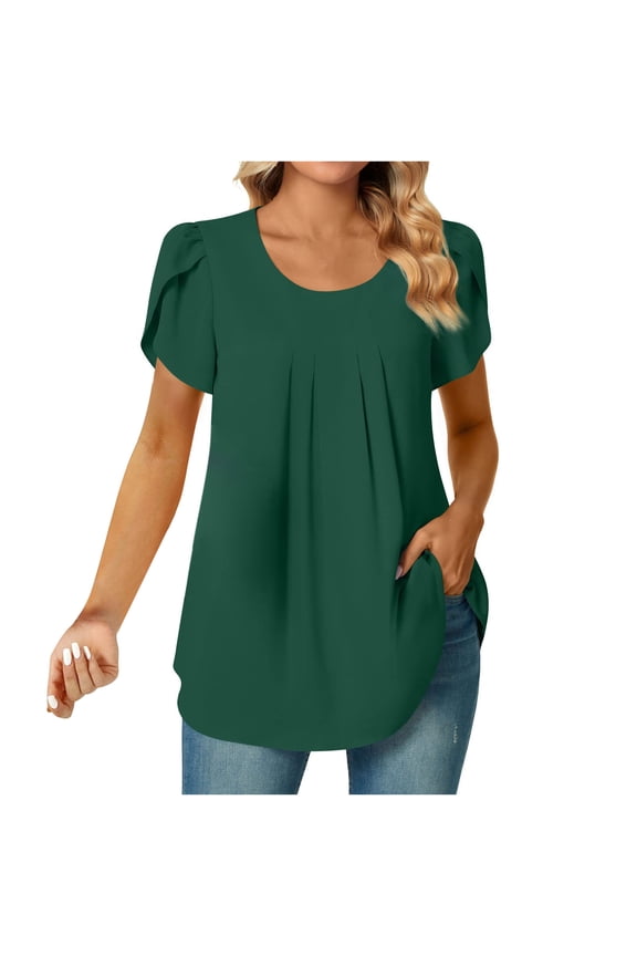 Shirts for Women Trendy Loose Fit Pleated Front Hide Belly Tunic Tops Trendy Clothes Short Sleeve Crew Neck Cute Shirt
