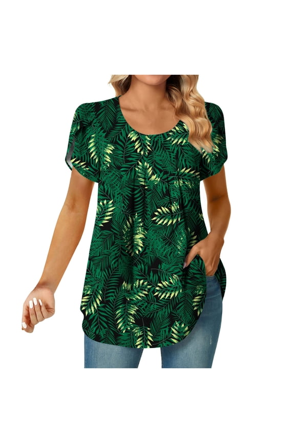 Shirts for Women Trendy Loose Fit Pleated Front Hide Belly Tunic Tops Trendy Clothes Short Sleeve Crew Neck Cute Shirt