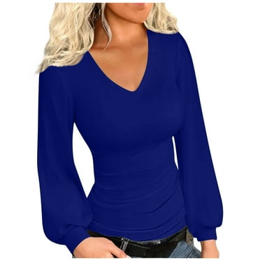 MIANHT Slimming Tops for Women Solid V Neck Slim Fitted Stretch Versatile Regular Long Sleeve Casual Tops Women Blouses