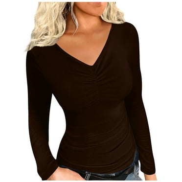 MIANHT Slimming Tops for Women Solid V Neck Slim Fitted Stretch Versatile Regular Long Sleeve Casual Tops Women Blouses