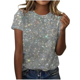 MIANHT Women T-Shirt, Sparkling Crystal Printed Tops，Bling