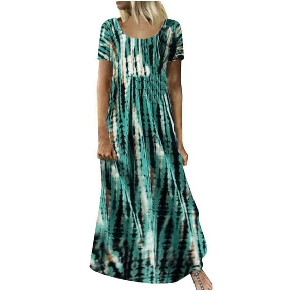 USSUMA Beach Dresses for Women Casual Summer Flowy Swing Long Maxi Sun Dress Tie-Dye Print Short Sleeve Plus Sundresses Round Neck Vacation Dress Wedding Guest