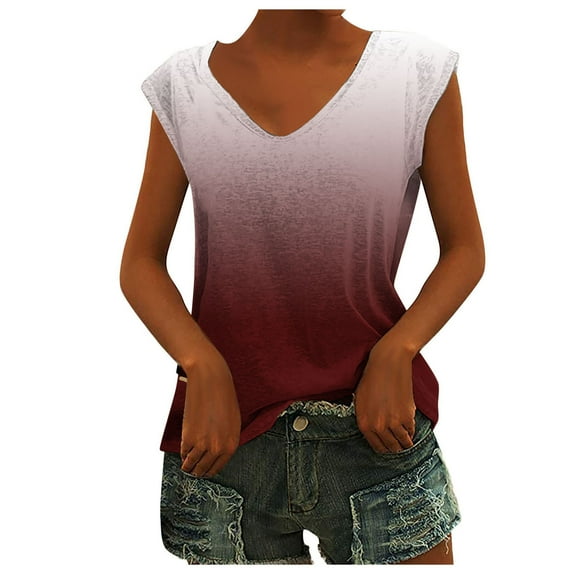 MIANHT Womens Tops Casual Loose Fit Breathable Lightweight Coing out Tshirts Summer Trendy Gradient Print V-Neck Short Sleeve Blouses Wine XXL