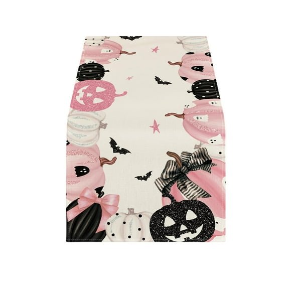 MIAOMIAOCC Jack-O-Lantern Pumpkin Bat Halloween Table Runner, Seasonal Kitchen Dining Table Decoration for Home Party Decor 13x72 Inch-Pink-33*275CM