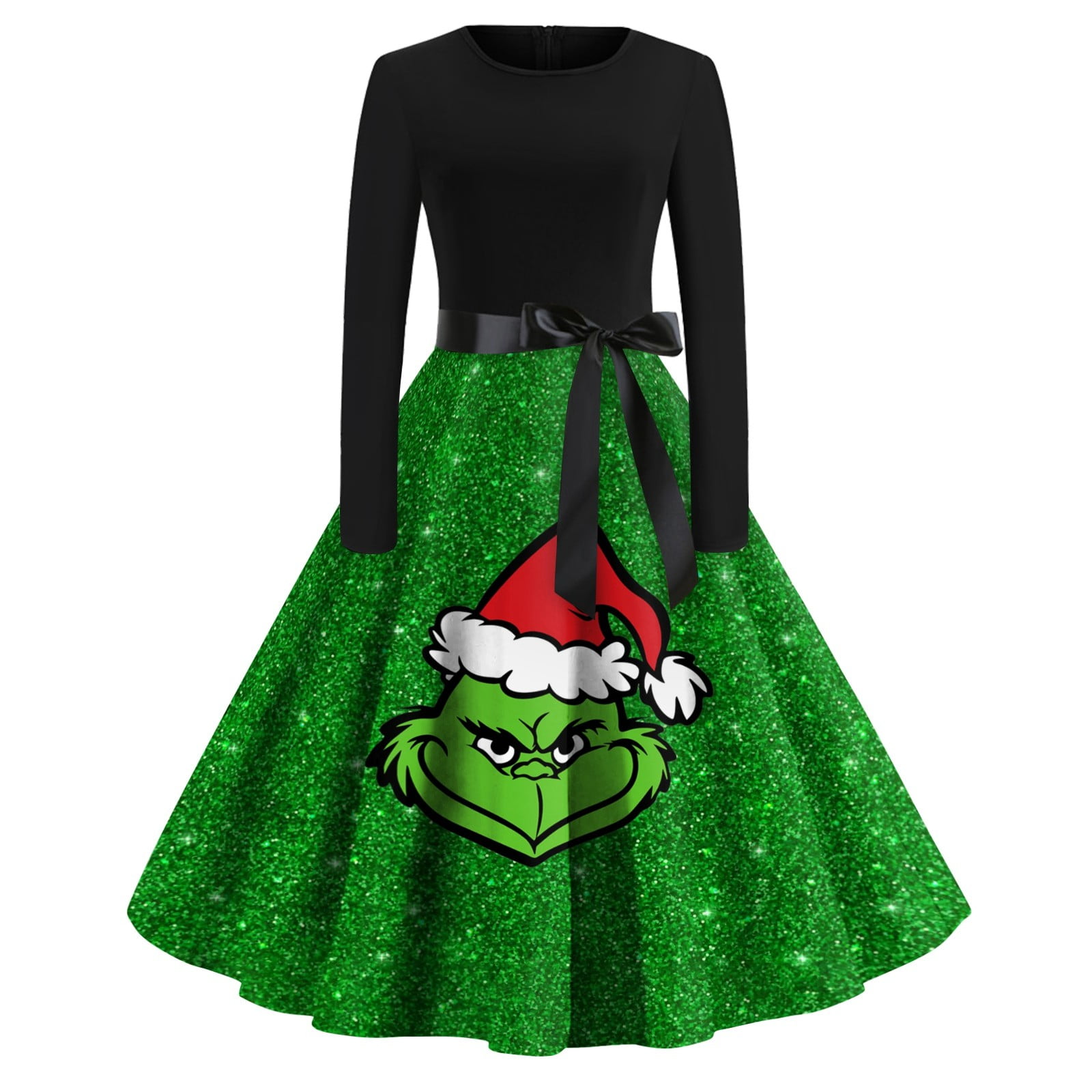 MIARAB Grinch Dresses Oversized Women's Crew-neck Christmas Grinch Print Long-sleeved Casual Dress A Line Knee-Length Dress Cocktail Party Dress, S-5XL