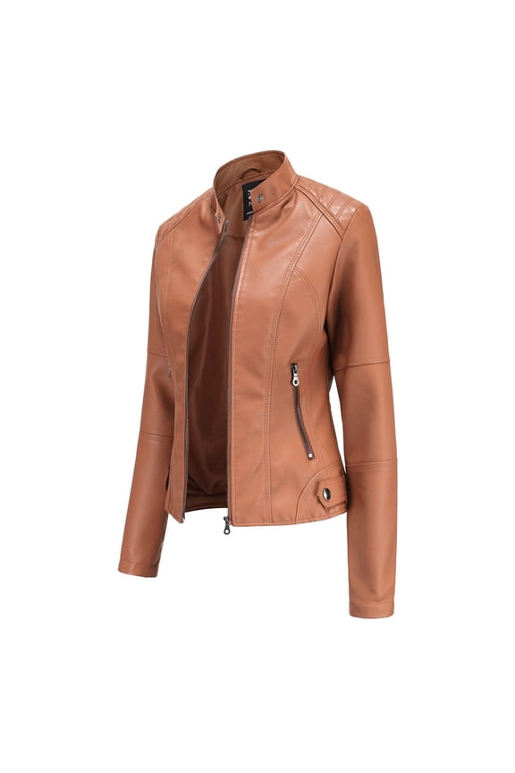 New Women Slim Leather Stand-Up Collar Zipper Stitching Solid Color Jacket