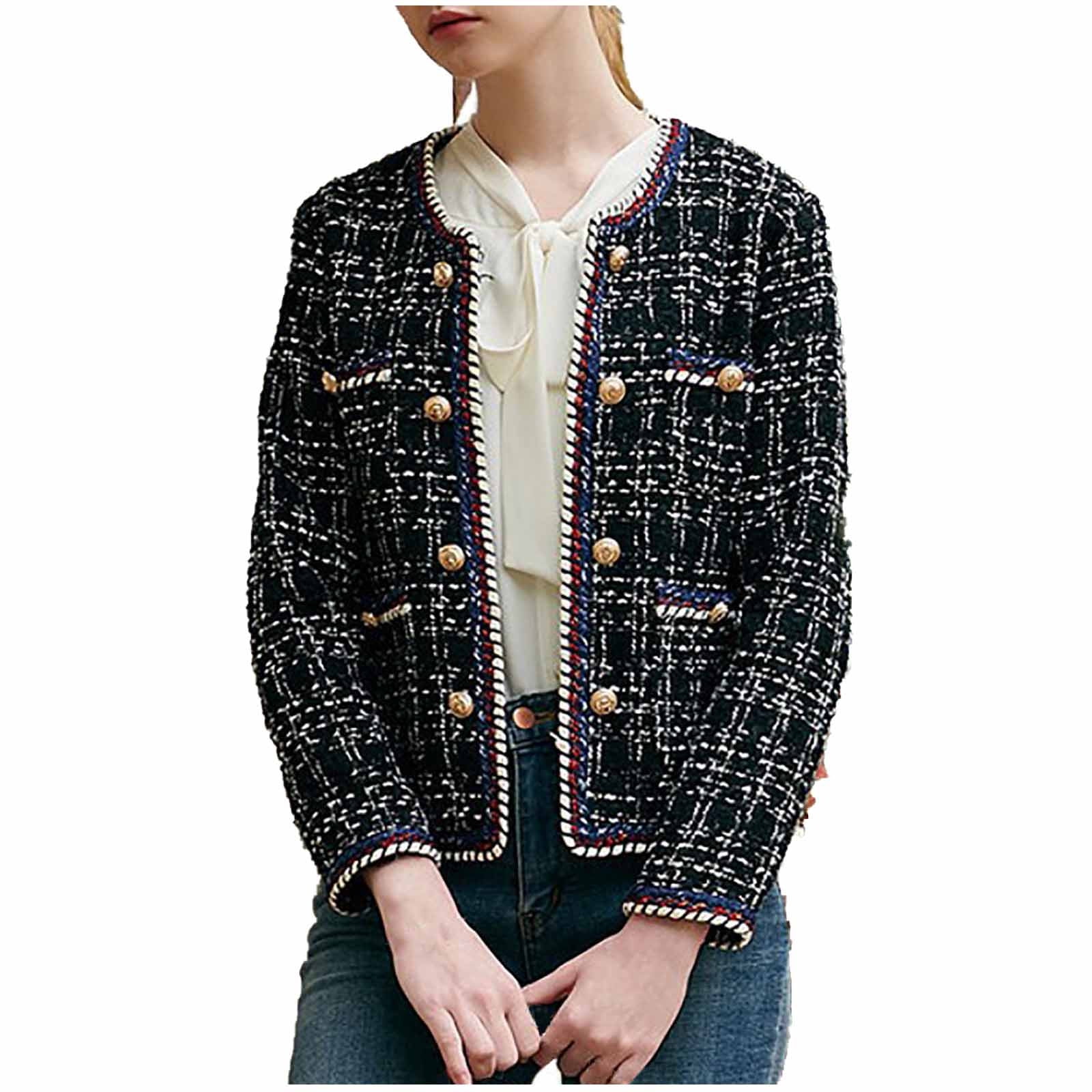 Miarhb Women Autumn and Winter Fashion Lattice Double Breasted Tweed Plus Size Coat, Women's, Size: Medium, Black